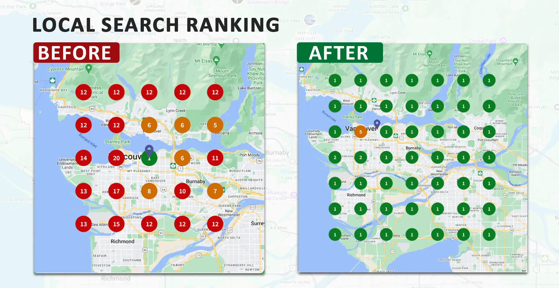Local search ranking grid before and after SEO screenshot